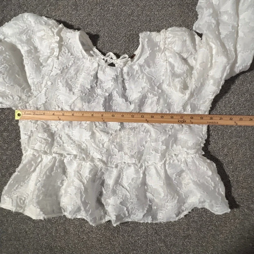 Free People Peplum Blouse Womens M White Textured Puff Sleeve Tie Back Open Back